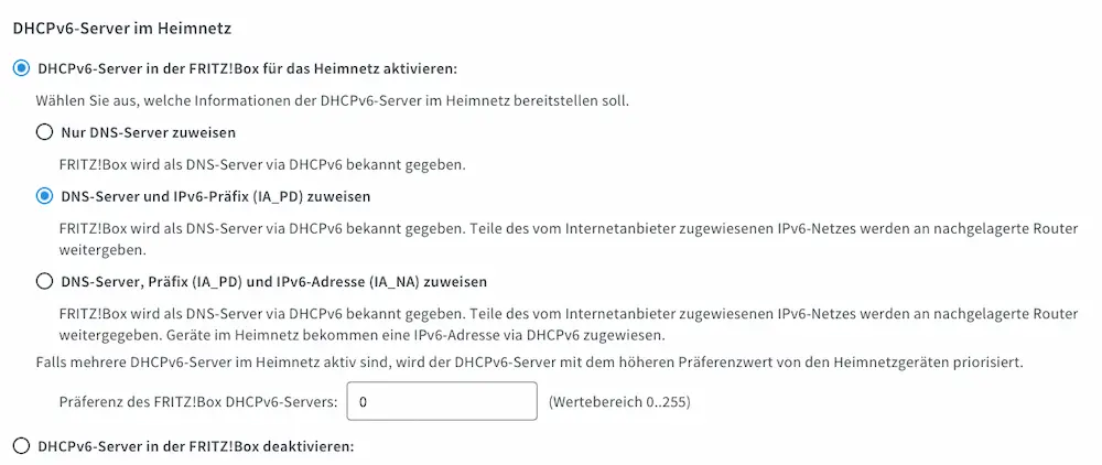 Screenshot der Fritzboxoberflächen der DHCPv6 Server Konfiguration