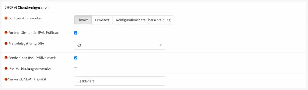 Screenshot der opnSense Oberfläche zu der DHCPv6 Clientkonfiguration