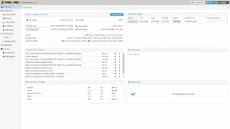 Das Dashboard des Proxmox Backup Server